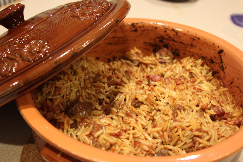 "Giouvetsi" in a "Gastra", Greek Dutch Over made of clay.